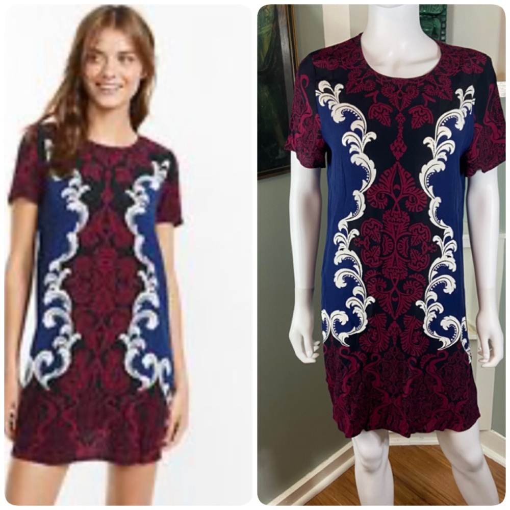 3/$12 Express Filigree Damask Tribal Navy Burgundy Mini Shift Dress Small S Zip